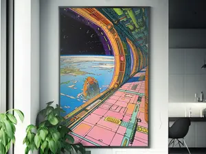 Earth View From Space Station Poster, Moebius Inspired Art, Classic Starwatcher Panel Sci-Fi Print, Outer Space Imagery, Unframed Print Only