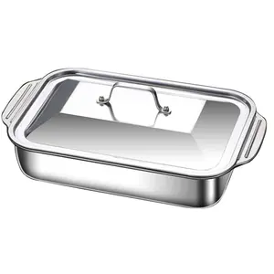 Stainless Steel Rectangular Casserole Dish Deep Roasting 5.8L Multi-Functional Cooking Pot with Handles and Steel Lid - Cookie Sheet Roaster Lasagna Pan Serving Tray, Dishwasher Safe