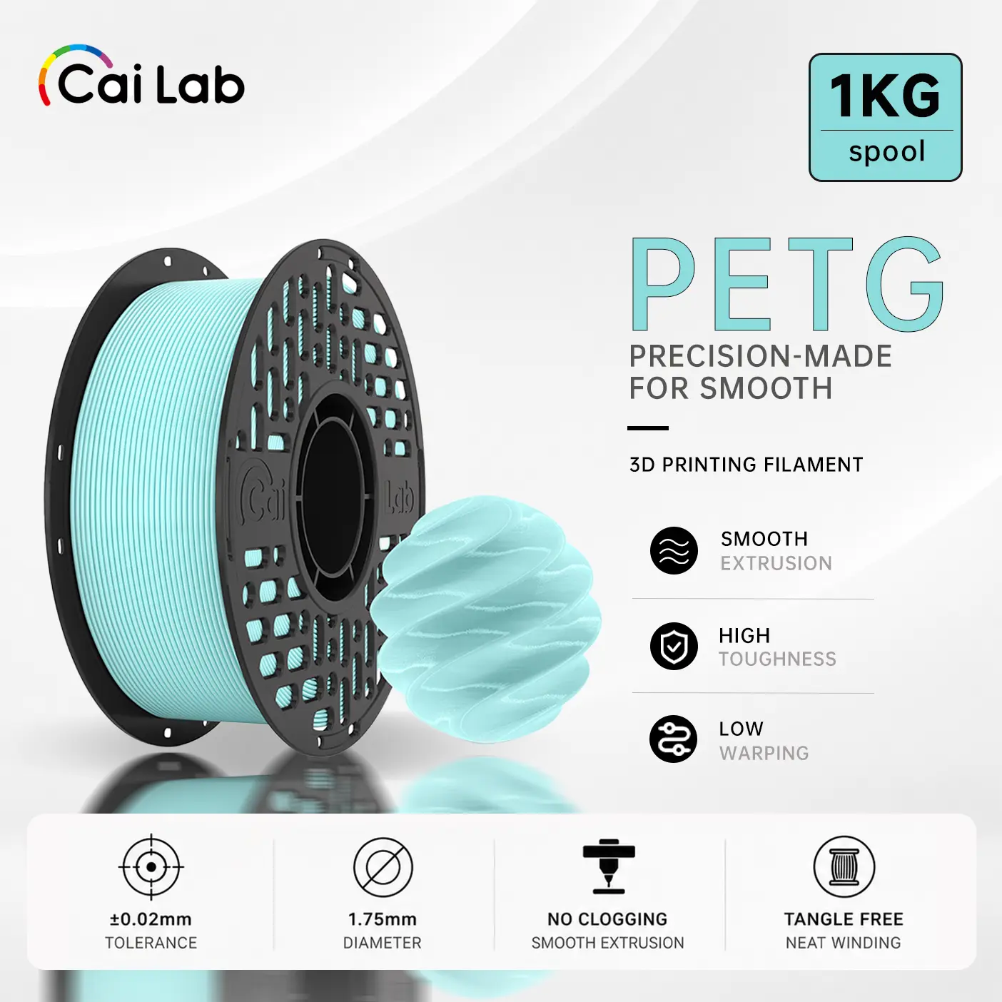 Cailab 3D Printing Filament, 1.75mm 1KG PETG Filament for FDM 3D Printing Supplies, High Toughness, Durable, Accurate, No-Clogging, Strong Impact Resistance, Excellent Layer Adhesion, Smooth Extrusion, Low Warping for Robust FDM Prints