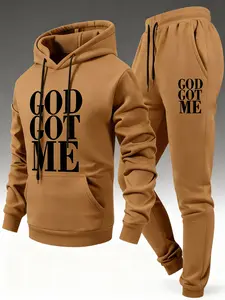 Men's 2-piece faith-themed athletic set, featuring "GODGOTME" printed hoodie & drawstring elastic waist pants, made from soft and comfortable fabric, suitable for everyday wear, street style, and casual outfits