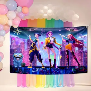 Colorful Cartoon Girls Backdrop, Neon City Style Party Wall Tapestry, First Birthday Party Decor, Girls Birthday Background Banner