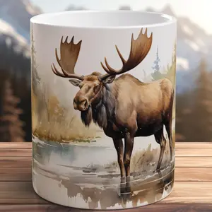 Handcrafted Moose Mug Wildlife Art Ceramic Coffee Cup Canadian Moose Watercolor Travel Mug Nature Lover Gift Unique Animal Mug #172