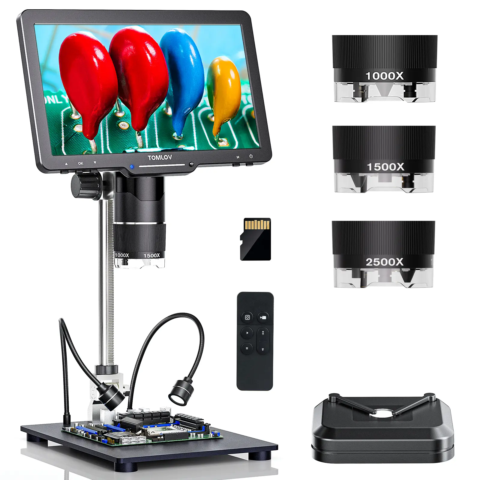 TOMLOV TriL110 Triple-Lens 2K HDMI USB Digital Microscope, 10.1 in IPS Screen, 2000x-2500x Magnify, 12 LED Lights, 12.6 in Tall Stand, 7*8 in Base, 16GB, HDMI Output, PC/TV Compatible, Classroom Supplies, 1500x Soldering Lens, 1000x Coin Lens for Adults