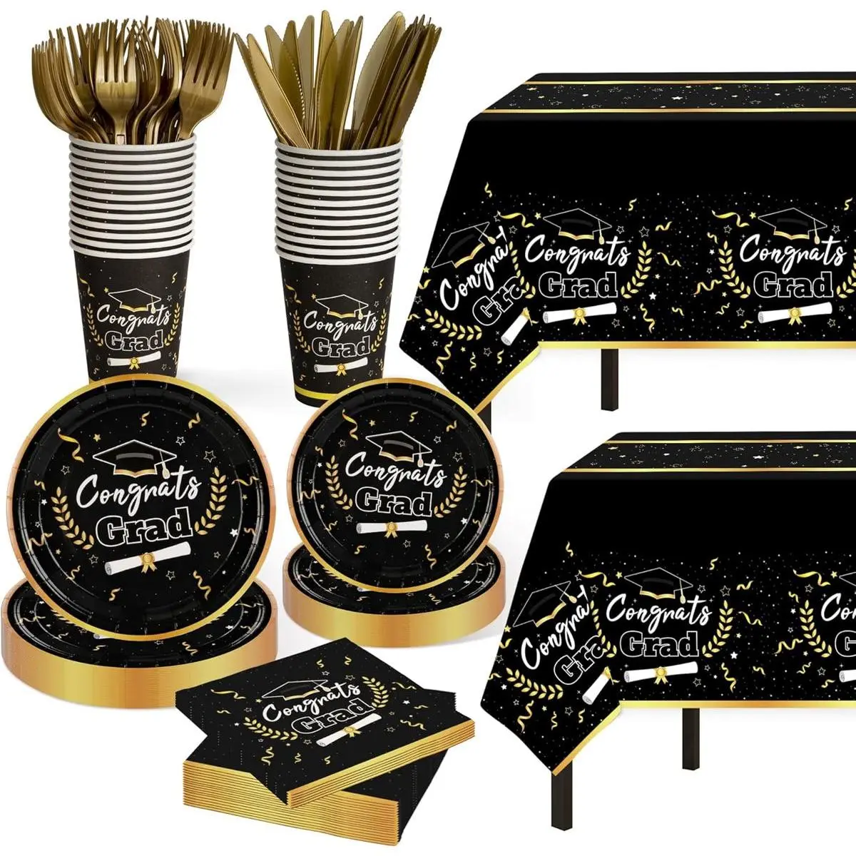 Graduation Party Decorations 2026,Disposable Graduation Tableware,Congrats Grad Decor,Tablecloth Knives Fork Plates Napkin Cups,Graduation Party Supplies for School,College