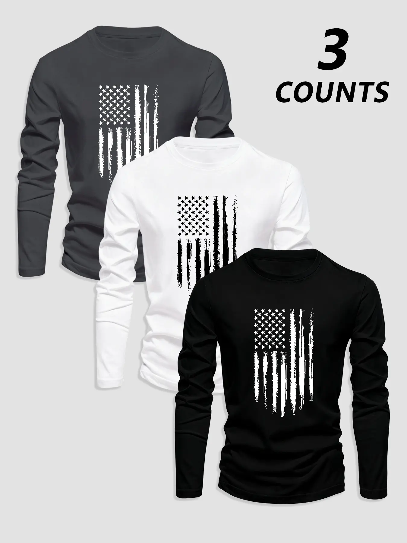 Men's Classic 3-Piece Set Flag Print Long Sleeve T-Shirts, Casual Streetwear Fitted Letter Pattern Top, Fall & Winter Moderate Fabric, Menswear, Casual Style Tee