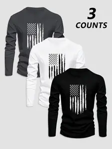 Men's Classic 3-Piece Set Flag Print Long Sleeve T-Shirts, Casual Fitted Letter Pattern Top, Fall & Winter Moderate Fabric