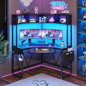 SEDETA CORNER DESK WITH KEYBOARD TRAY, STORAGE POCKET AND HEADPHONE HOOK Triangle Corner Computer Desk Office Desk Furniture Gaming Shelf Modern