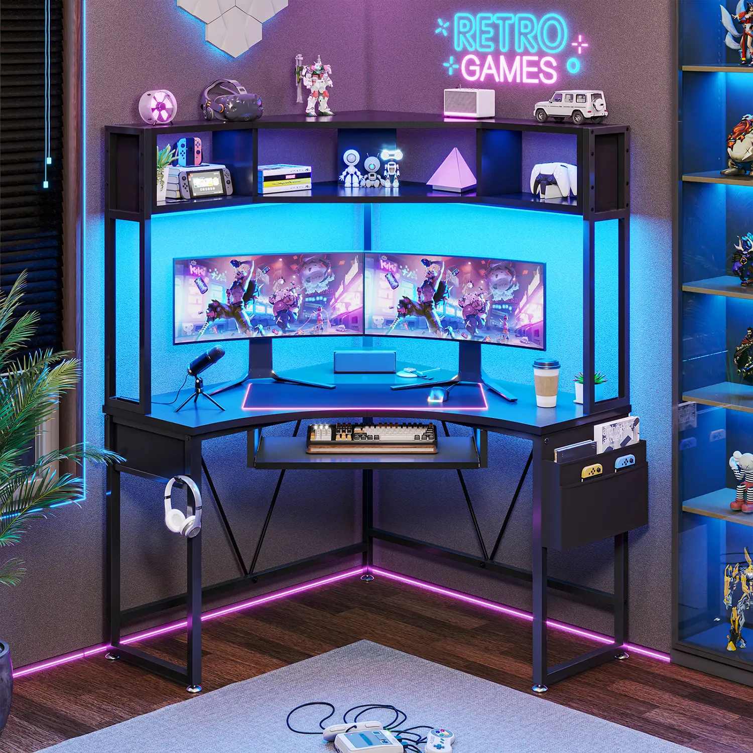 SEDETA CORNER DESK WITH KEYBOARD TRAY, STORAGE POCKET AND HEADPHONE HOOK Triangle Corner Computer Desk Office Desk Furniture Gaming Shelf Modern