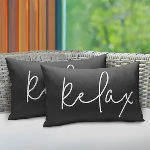 Waterproof Outdoor Throw Pillow Cover, 2 Pack Relax Printing Throw Pillow Cases Summer Garden Decor Cushion Cover Set for Patio Sofa, Balcony Couch, Bench Porch 12"x20"(30x50cm), Black