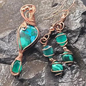Green Adventurine and Malachite matching dangle earring and Pendant fine jewelry set in pure Copper.