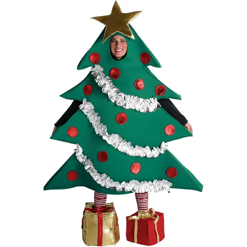 Christmas Tree Costume for Adults with Tinsel and Stuffed Balls Unisex Green Polyester Fiber One Size Fits All Party Performance Role Play Santa Claus Cheongsam Dress