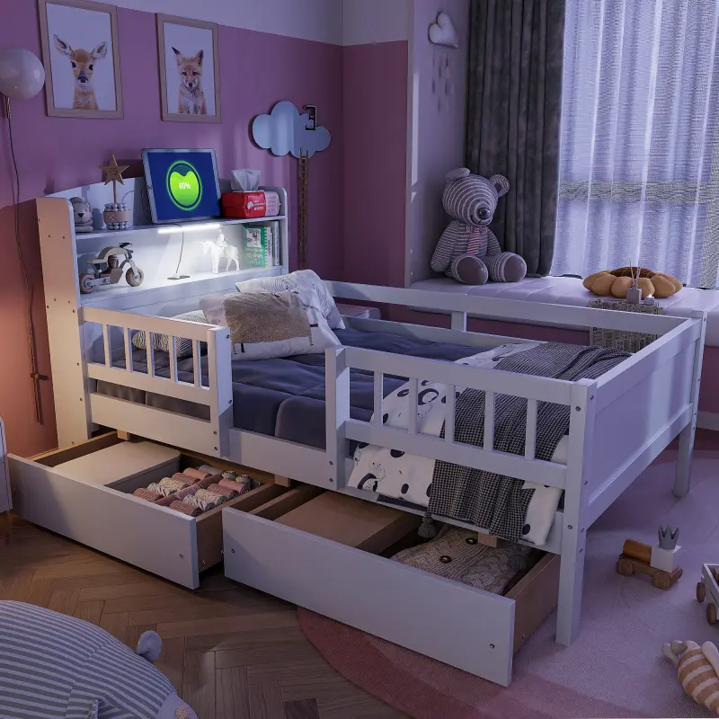 White Sturdy Wood Twin Size Platform Bed Frame with Built-in LED Light, Multi-functional Headboard, Guardrail, 2 Drawers and Bed with Storage, Sturdy Bed Frame