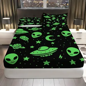 3Pcs Alien Spaceship Star Fitted sheet Three Piece Set (1*Fitted Sheet+2*Pillowcases, Coreless), Halloween theme, Space Design Bedding Set, Mattress protector Soft, Breathable