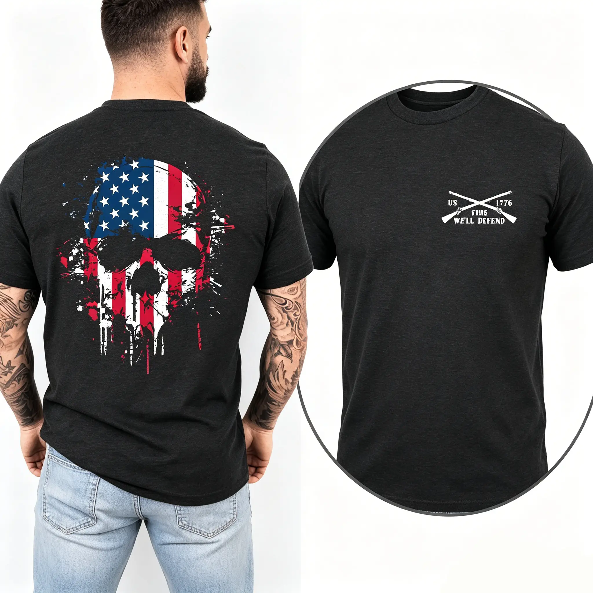 Patriotic American Skull T-Shirt - Regular Fit Street Round Neck Short Sleeve Shirt,Menswear, Father's Day Gift,America 4th of July T-Shirt