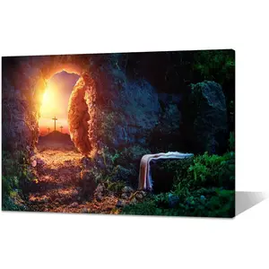 Christ Empty Tomb Wall Art, Resurrection of Jesus Canvas Wall Decor Framed-Wall Art Painting Room Gifts Colorful Ornaments Decoration Print