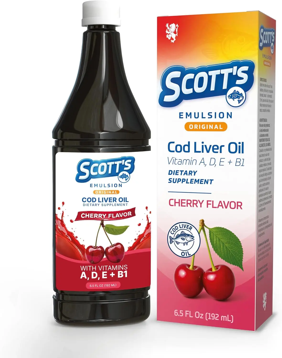 SCOTT'S EMULSION Cod Liver Oil Liquid for Kids – Cherry Flavor – Supports Growth, Immunity & Bone Health – Rich in Omega 3 & Vitamins A+D – Easy-to-Take Fish Oil – 6.5 Fl Oz