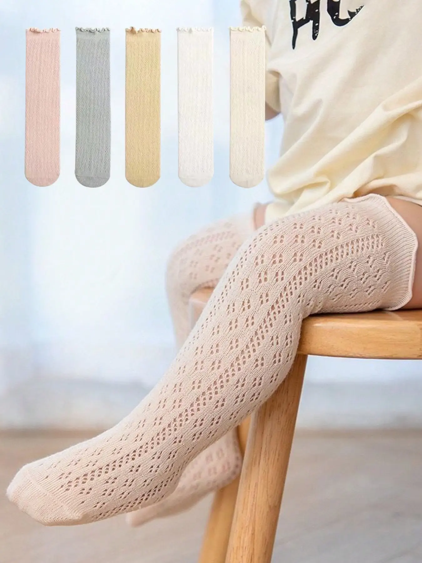 Baby Socks Long Tube Anti-Mosquito Summer Thin Breathable Mesh High-Top Socks, 5 Pairs Pure Color Baby Socks for Infants