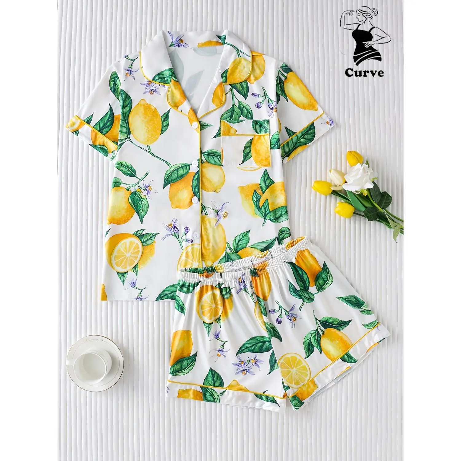 Plus-Size Women's Two-Piece Pajama Set - Lemon & Green Leaf Print Sleepwear - Collared Button-Up Short Sleeve Top with Elastic Waist Shorts - Fresh & Stylish Design