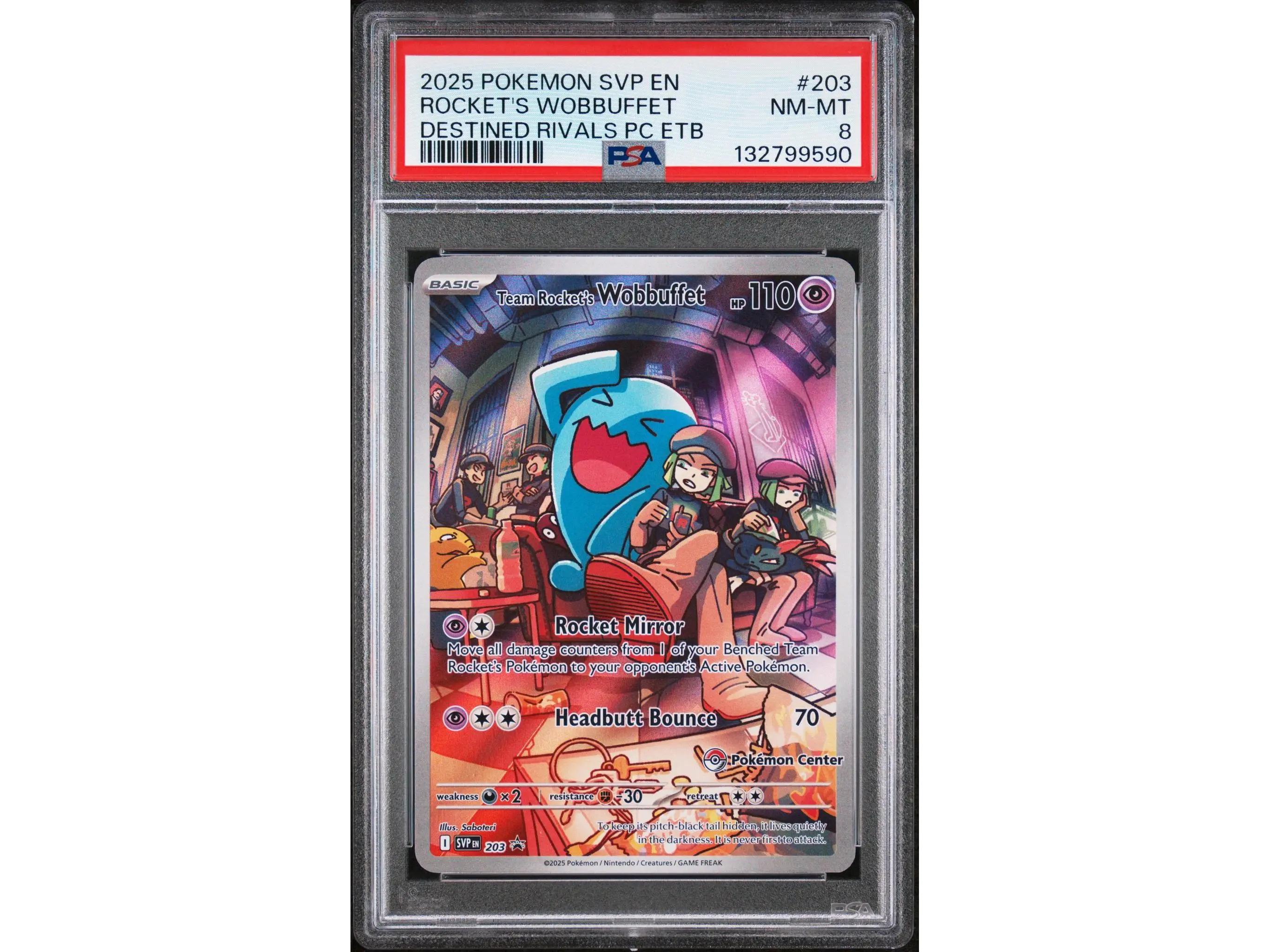 2025 Pokemon Scarlet and Violet Destined Rivals Pokemon Center Elite Trainer Box Team Rocket's Wobbuffet #203 PSA 8