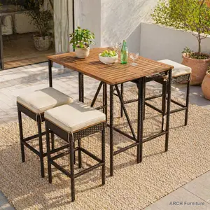 5-Piece Minimalist All-Weather Outdoor Acacia Wood Bar Height Dining Table Set with 4 Cushioned Stools (4 Seats), Foldable PE Rattan Wicker Top, Easy-Setup All-Seasons High-Dining Bistro Patio Furniture, Brown, Four Seats