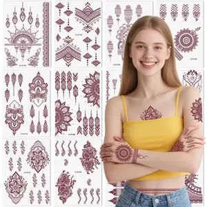 12 Sheets Brown Henna Tattoo Kit, Waterproof Temporary Henna Tattoos Stickers for Women Wedding Party (Brown)