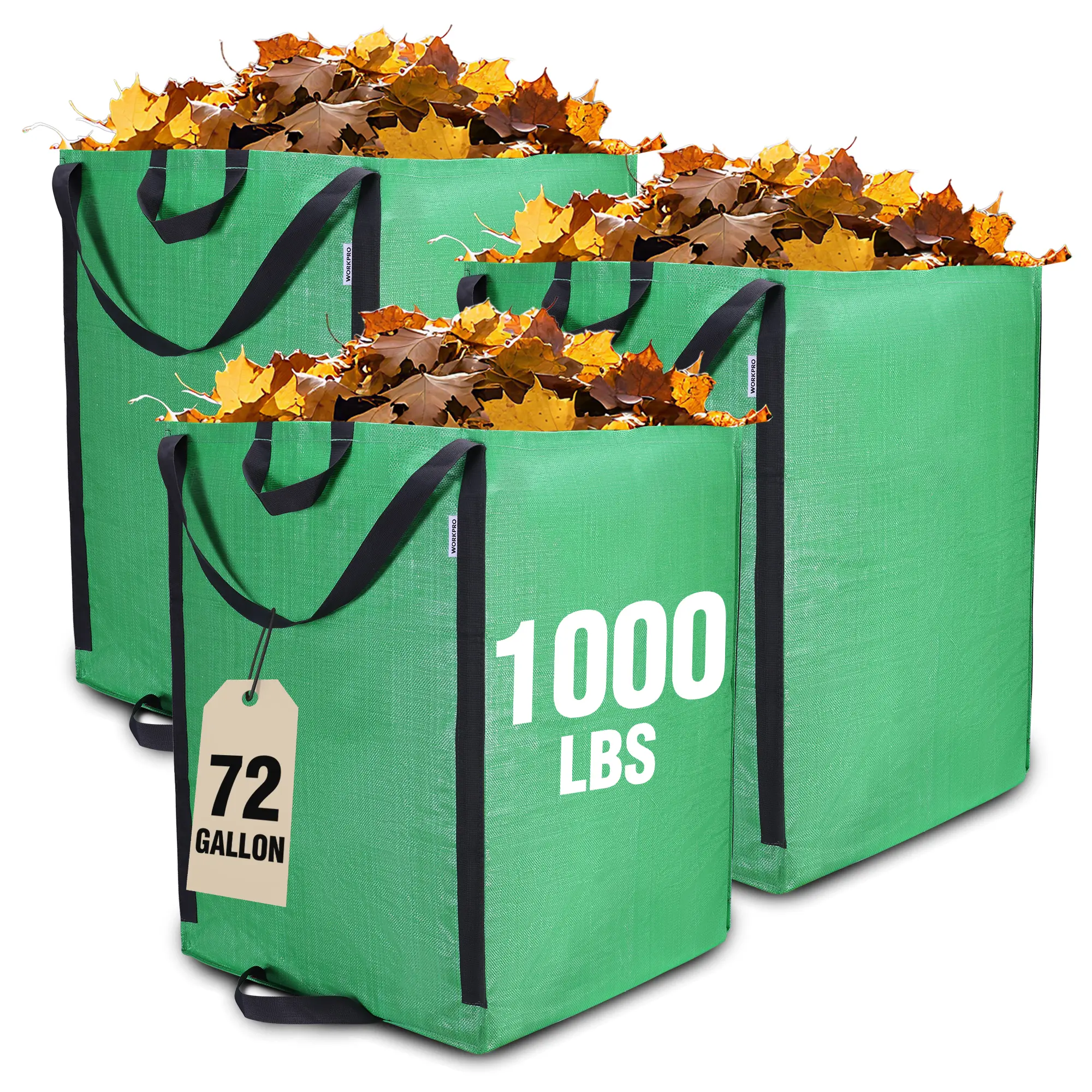 #toolupgrade WORKPRO Heavy Duty 72-Gallon Reusable Yard Waste Bags, 3 Pack Self-standing Leaf and Lawn Bags with Reinforced Handles, Garden Waste Bags for Debris, Leaves, Grass, and Outdoor Recycling, Green