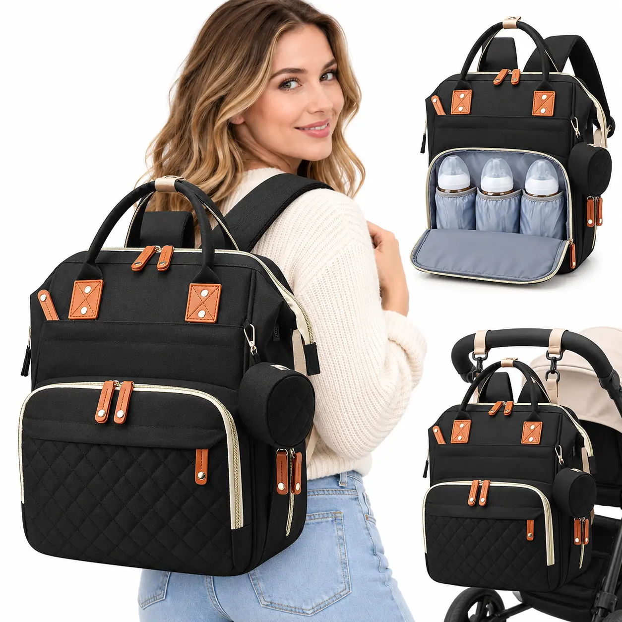 Diaper Bag Backpack, Large Capacity Baby Diaper Bag for Boys Girls, Waterproof Travel Backpack with Insulated Bottle Holders, Stroller Straps, Wide Opening and Multiple Organizer Pockets for Mom Dad
