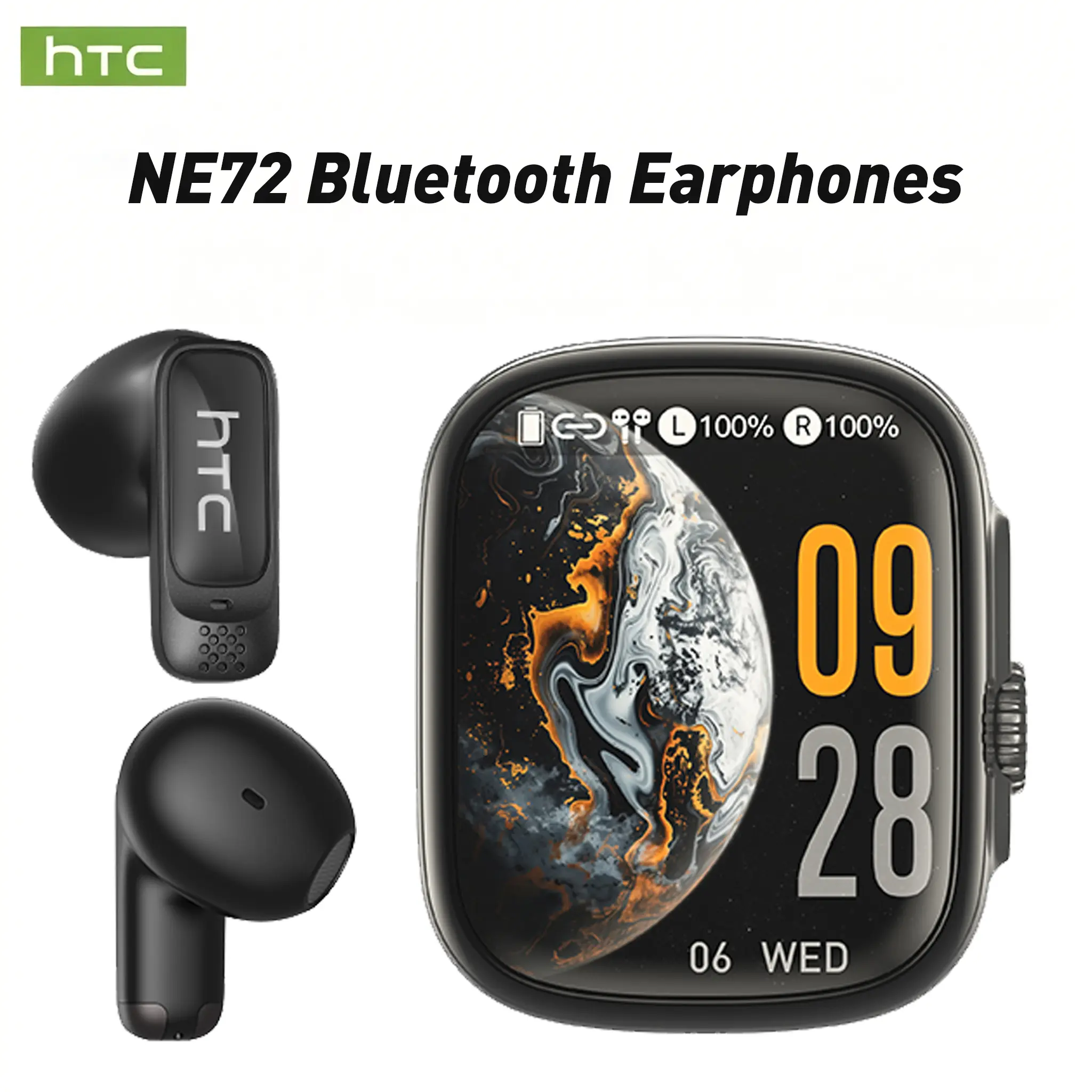 SW HTC NE72 In-Ear Bluetooth Earbuds — Featuring Bluetooth 6.0, a charging case with built-in speaker functionality, a smart touchscreen, and water resistance; designed for gaming and calls, with a fit suitable for side-sleeping.