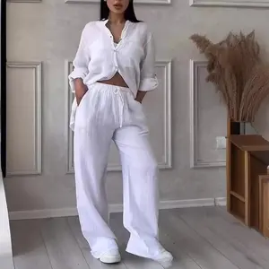 2025 Casual Cotton Linen Solid Color Shirt Drawstring Wide Leg Pants Suit