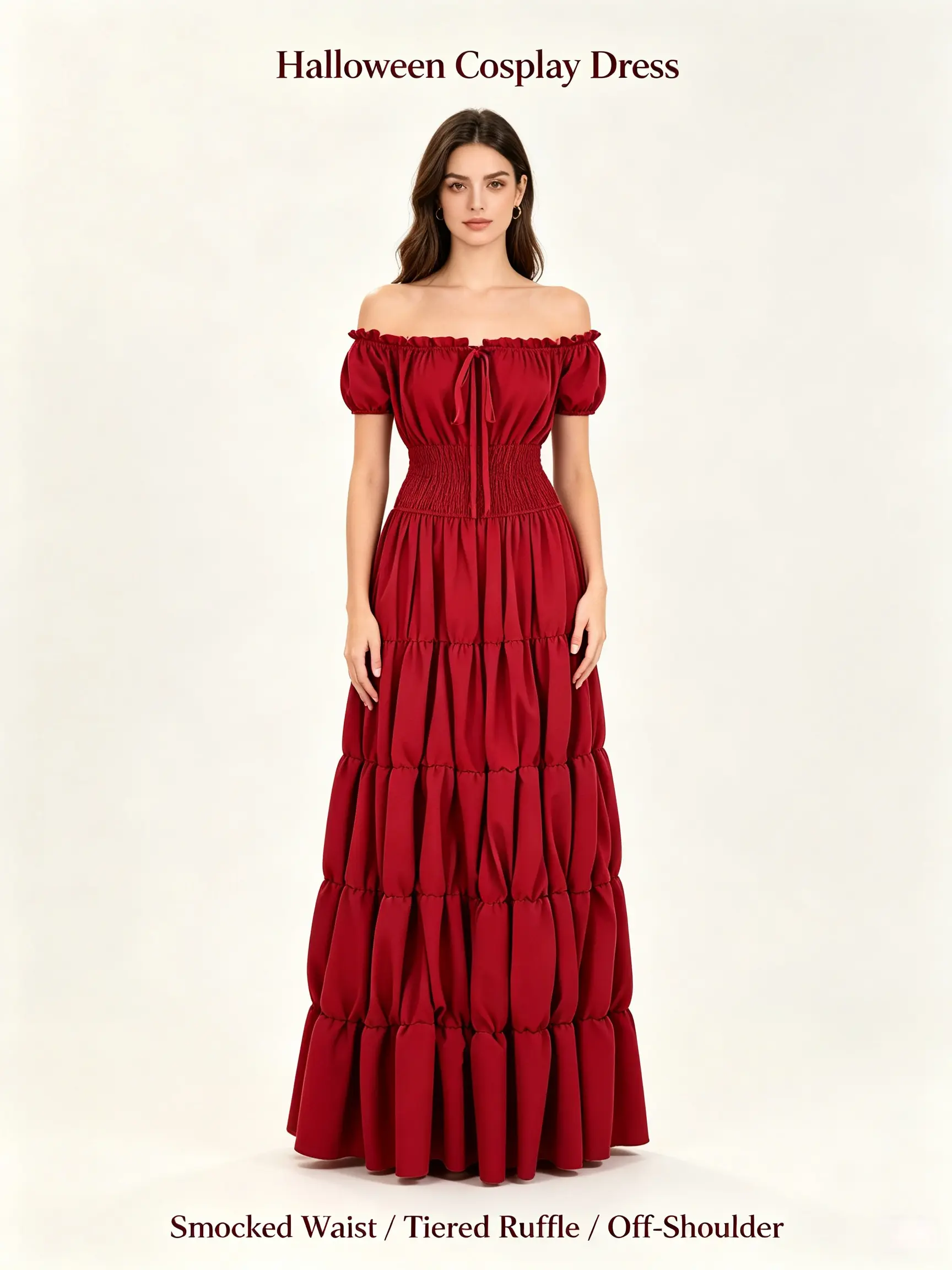 Vintage Renaissance Peasant Under Dress for Women, Medieval Irish Smocked Waist Short Sleeve Maxi Gown, Gothic Wench Costume, For Petite & Curvy Girls, Perfect for Halloween Cosplay Fair Theme Party Photoshoot