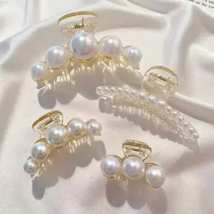 D'PINGOLINY Pearl Hair Claw Clips,Clear Plastic with White Beads, Set of 4, Elegant Style for Women