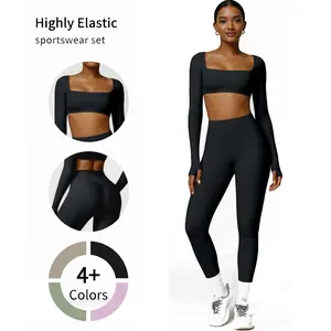Highly Elastic Workout Sets for Women 2 Piece Square Neck Long Sleeve Crop Tops High Waist Leggings Gym Sets Casual Everyday Outfit Breathable Bodycon Lightweight Pants Seamless Suits Womenswear Stretchy