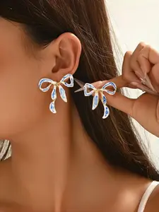 Vintage Oil Painting Drip Blue & Porcelain Bow Earrings, Fashionable Enamel Ribbon Earrings for Women, 1 Pair/set