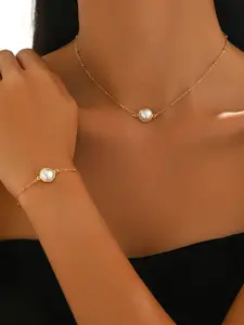 Women's Fashion Necklace Bracelet Set, Iron Chain Material, Elegant Pearl Pendant Durable Fashionable Jewelry, Perfect Gift for Mother's Day Wedding Party, Daily Wear Accessories