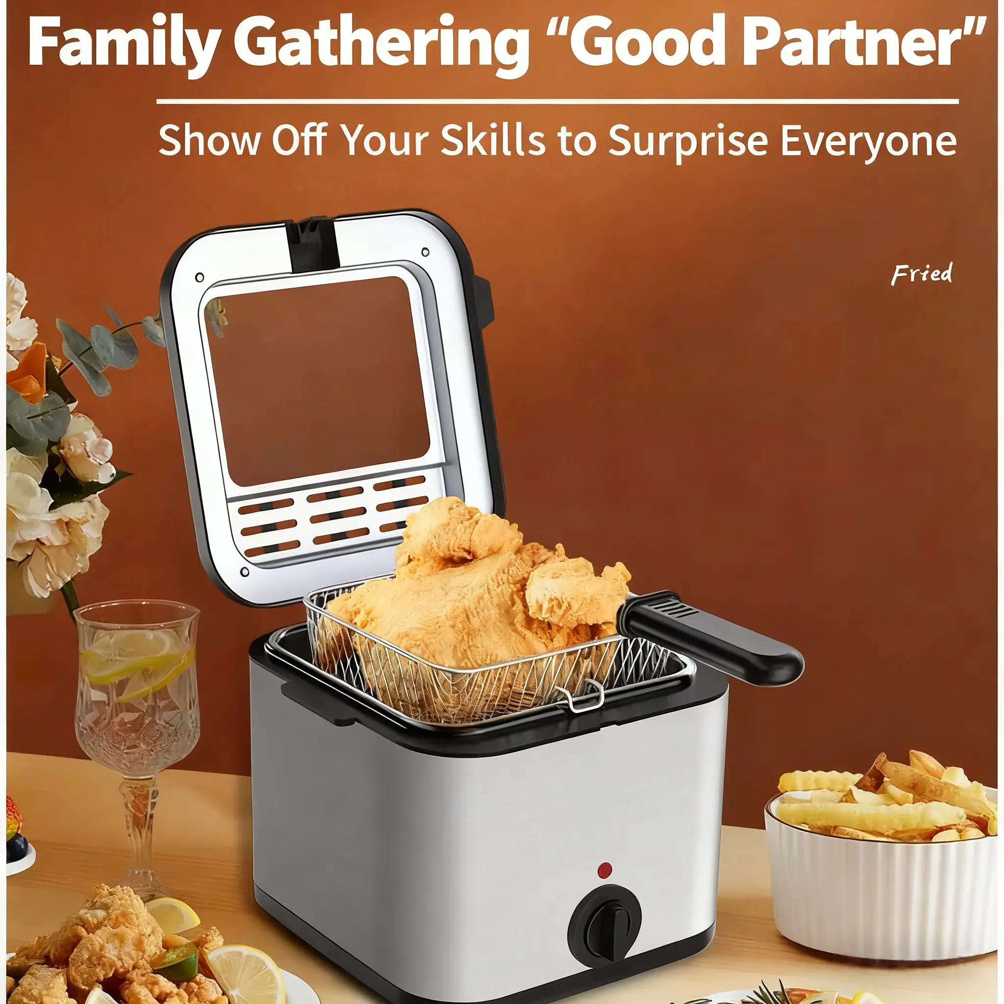 1000W 110V Round Shape Electric Deep Fryer - 1*Deep Fryer with 1*Stainless Steel Easy-Clean Detachable Basket, 2.64QT Large Capacity, Quick Heating, Modern Tabletop Design, No Temperature Display, Kitchen Appliances for Chicken Fries
