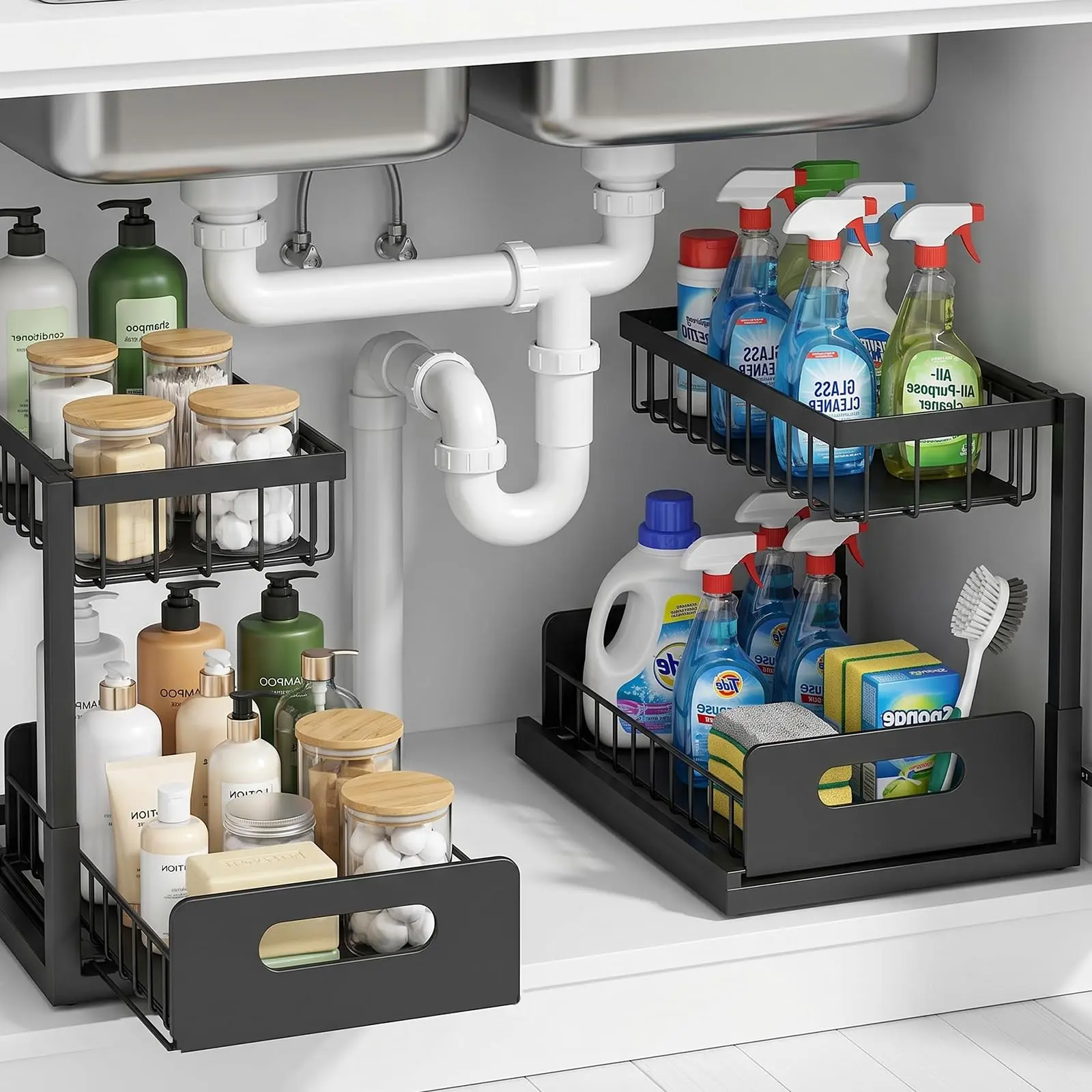 Under Sink Organizer, 2 Tier Pull Out Cabinet Organizer with Adjustable Height, Slide Out Metal Storage Shelf for Kitchen, Bathroom, Pantry & Laundry Room, Space Saving Under Sink Storage Rack with Sliding Drawer
