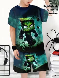 3D Short Sleeve Shorts Set, Pixelated Minecraft Villager Pattern, Fitted Casual Fit, Soft Fabric, All Seasons Wear