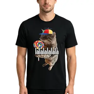 lalalalalala Tabby Cat With Propeller Hat Lollipop Funny Meme Print Unisex Short Sleeve Healing Lovely Casual Top Cotton,Graphic Tee,Unisex Tee,Cat Lover Meme Shirt,Cute Animal Top,Short Sleeve Tshirt