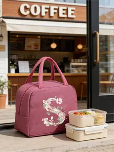 1pc Insulated Lunch Tote Bag,With 26 Pink Floral Letters A-Z,Portable Insulated Bag With Handle Convenient Bento Insulation Bag,Multi-Functional Outdoor Commuter Bag,Making It A Convenient And Portable Option For Lunch, A Tote Bag, Lunchbox
