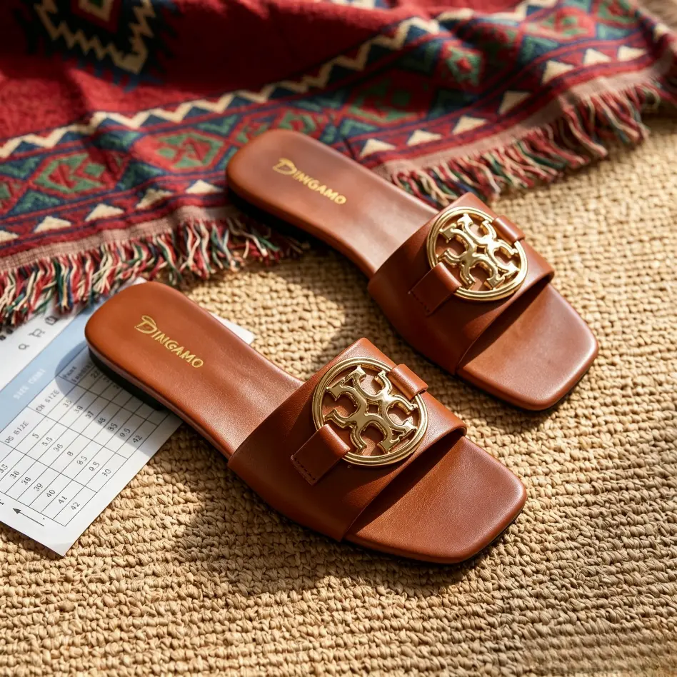 Women's Casual Slip On Slides, Fashion PU Leather Square Toe Flats with Hardware Accent, Non-Slip Rubber Sole for Indoors, Footwear, Women Sandals, Cool Flats（Brown)
