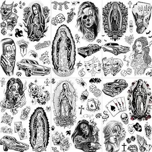 6 Sheets Chicano Temporary Tattoos For Women Men Adults Halloween Face Makeup Kit, Black Guadalupe Tattoo Stickers, Gangster Payasa Gansta Fake Tatoos Prison Familia Joker, Tatuajes Temporales