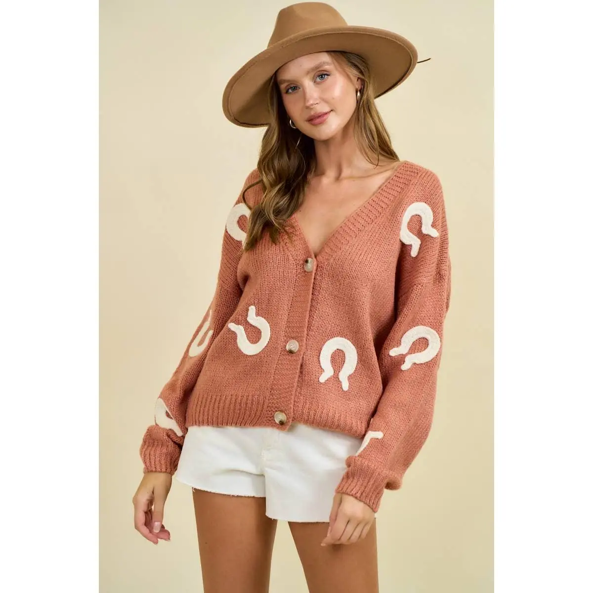 Doe and Rae Western Horseshoe Patch Cardigan — Chunky Knit with Oversized Horseshoe Patches & Button Front (small remains)