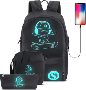 Skateboard Anime Lumino School Backpack with B Charging Port, Anti Theft Lock, Sling Bag & Pencil Case for Teen Boys and Girls, College Bookbag Lightweight Laptop Bag, Black