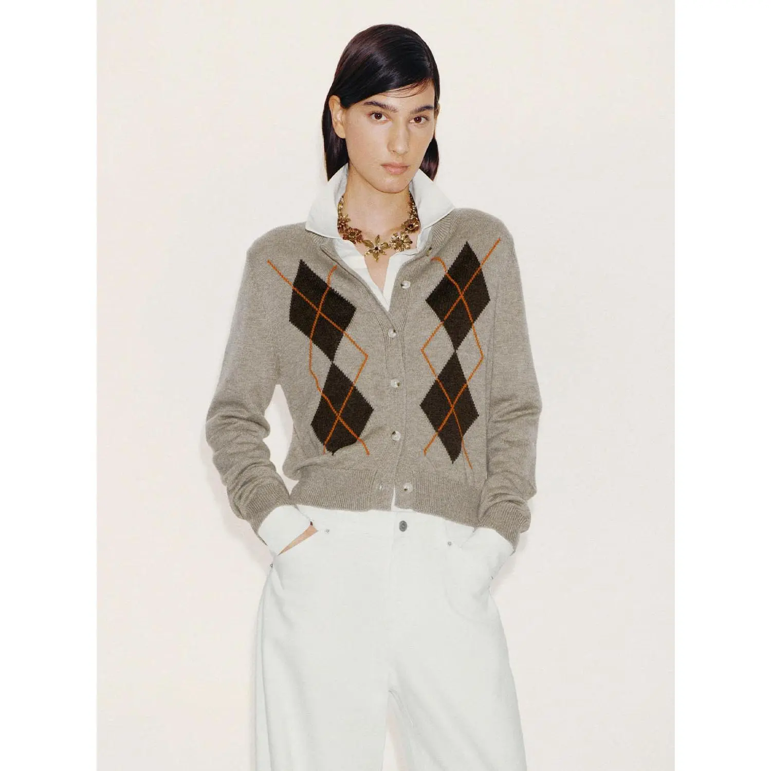 URBAN REVIVO Women's Collared Long-Sleeve Argyle Plaid Colorblock Wool-Acrylic-Polyester Blend Cardigans Tops with Amber Shimmer, Casual Wear, Knit, Cold Wash Only, Do Not Bleach (Sizes XXS to XL Available)