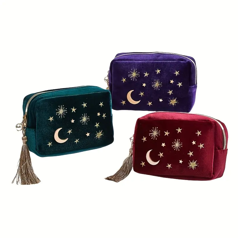 Women's Celestial Velvet Star-and-Moon Makeup Bag - Chic Elegant Adults' Toiletry Pouch, Portable Spacious Travel Cosmetic Organizer for Toiletries & Cosmetics Storage, Female