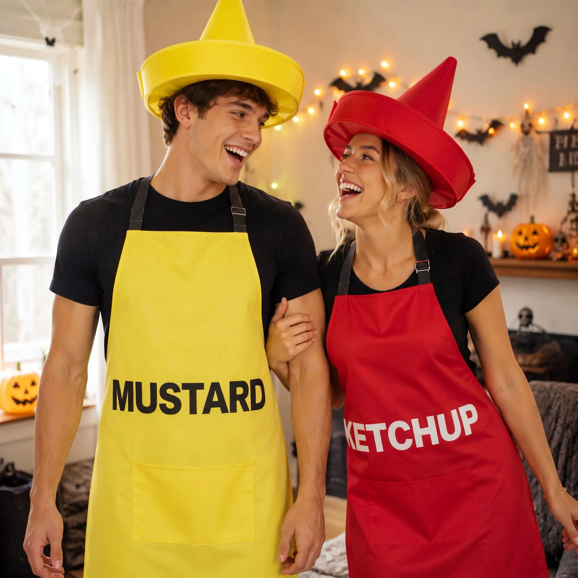 2 Pack Halloween Aprons Ketchup and Mustard Couples Costumes,Funny Condiment Aprons with Hats for Adults Couples Coworkers,Halloween Costumes for Halloween Cosplay Dress Up Themed Party
