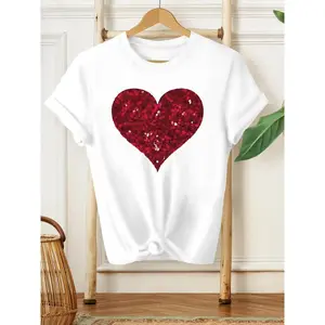 Red Sequin Heart Graphic Tee Unisex Top Cute Love Print Short Sleeve Crewneck Casual Summer T Shirt Soft Comfy Streetwear For Date Night