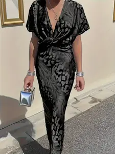 Fashionable Bodycon Printed Twist Knot Waist Sexy V Neck Short Sleeve Women Dress, Womenswear, Unique Print Dress for Spring and Summer, Elegant, Chic and Aesthetic Style