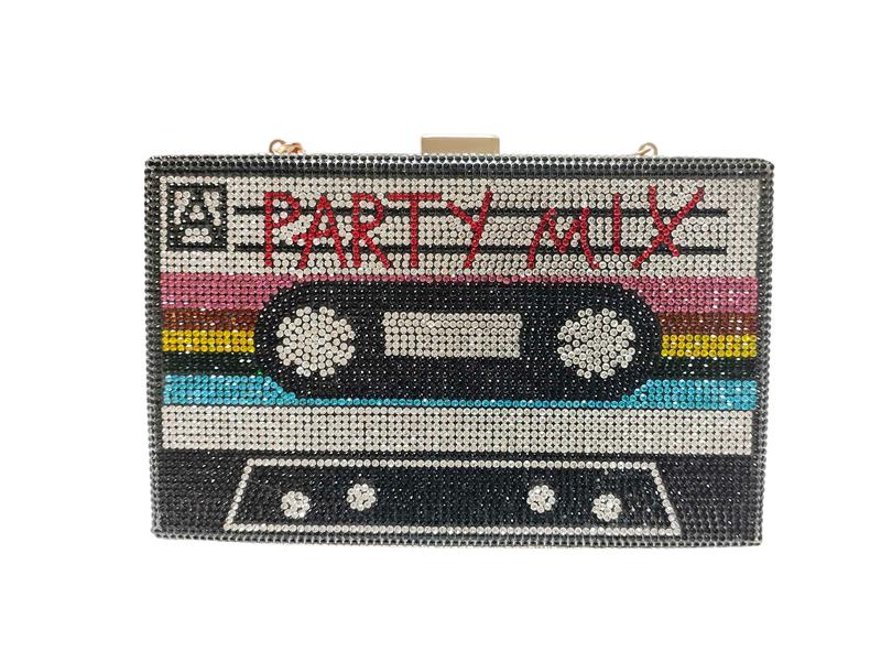 Women Cassette Tape Shape Rainbow Party Crossbody Bag Rhinestone Metal Vintage Evening Clutch Purses