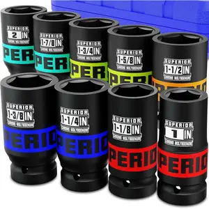 9 count 1" Drive Deep Impact Socket Set, 1 Inch - 2 Inch, SAE, 6-Point Design, Heavy Duty CR-MO,  Tire Service, Mechanical Equipment Maintance